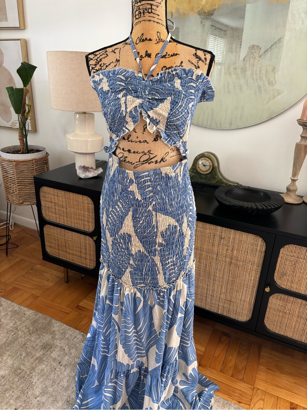 Blue and White Smocked Maxi Dress Set
